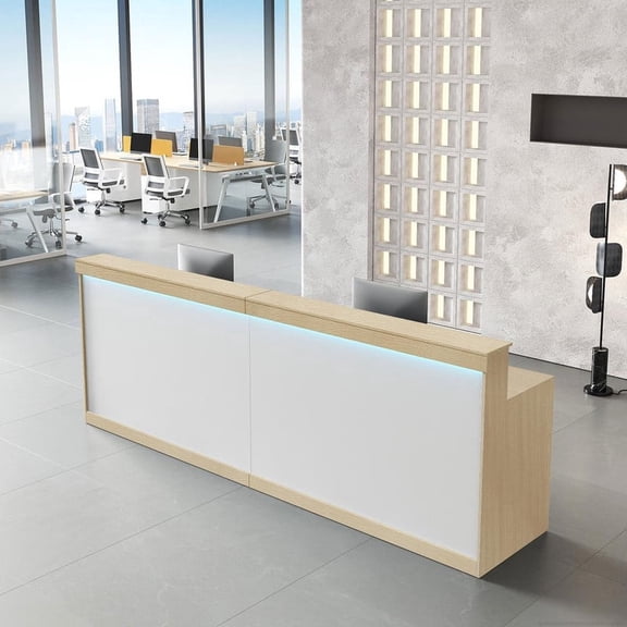 Modern Ergonomic Reception Desk With LED Lighting（Maple & White; 71"L x 24"W x 39"H）