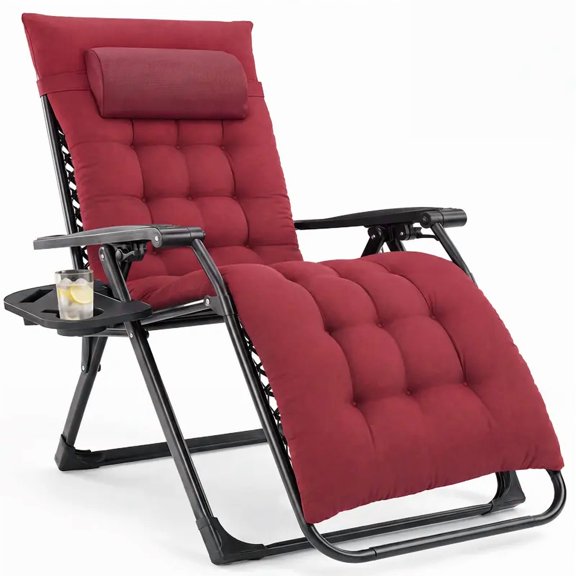 Modern Ergonomic Zero Gravity Recliner - Foldable Metal Frame Outdoor Chair with Cup Holders, Tray, Removable Cushion, for Decks, Patio, Camping, Indoor-Outdoor Use