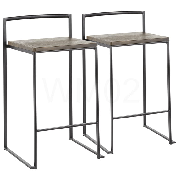 Modern Espresso Bamboo Seat Counter Stools, Set of 2 Stackable Bar Stools with Black Steel Frame