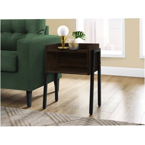 Modern Espresso End Table with Storage Cubby, 2-Tier Metal Side Table for Living Room and Bedroom, Contemporary Black Metal Frame