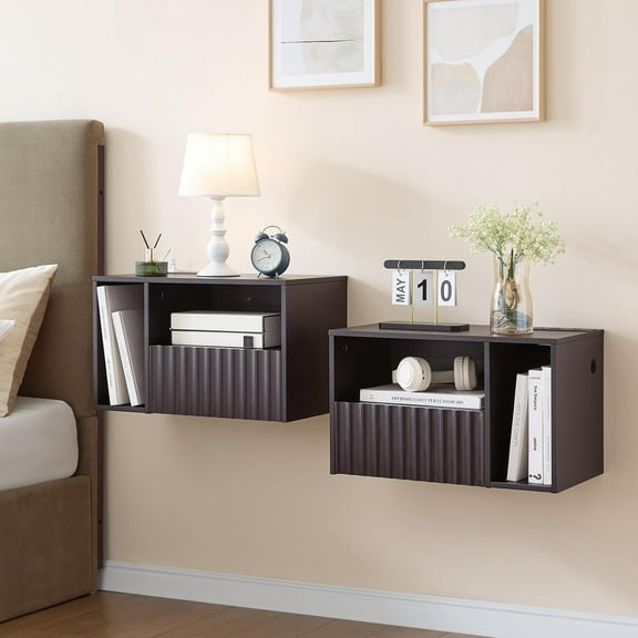 Modern Espresso Fluted Floating Nightstand with Charging Station, NightStand with Drawers, Bedside with USB Ports and Outlets, Bedroom Furniture (Set of 2)