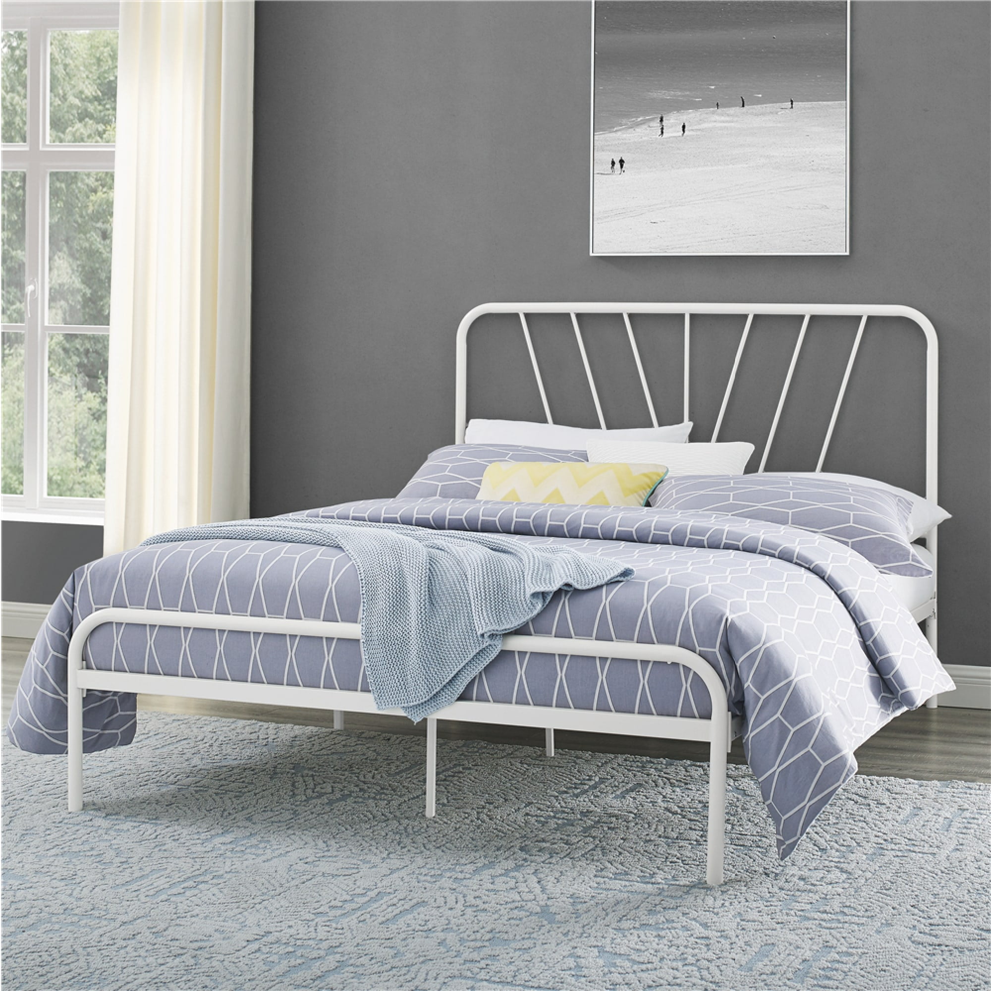 Modern Essentials Valermo Metal Bed Frame with Headboard, Full. White
