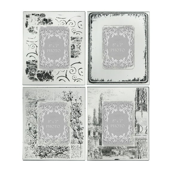 Modern Etched Wooden Photo Frames, Large, Set of 4, Silver- Saltoro Sherpi