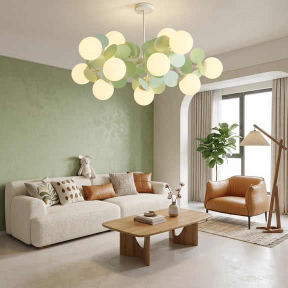 Modern Eucalyptus Leaf Bubble Glass Chandelier Creative Branch Sphere Ceiling Light Fixture