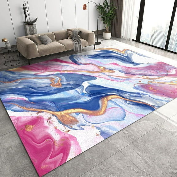 Modern European Hand-Painted Area Rugs, Golden Yellow Lines Blue Pink Abstract Marble Floor Mat, Bedroom Rug Durable Enough with Backing Apply to Family and Pet Office 2x3ft