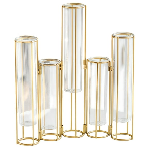 Modern European Style Gold Metal Test Tube Vases for Flowers, 5-Position Glass Hanging Propagation Vases with Folding Iron Frame, Ideal for Home and Balcony Decoration