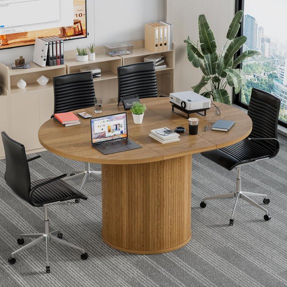 Modern Executive Conference TableLarge Computer Office Desk Workstationwith Large TabletopExpandable Round Wood Meeting Room Tablefor Office Conference Room,Natural