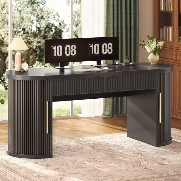 Modern Executive Desk with 2 Drawers, 58.3" x 21.7" Fluted Computer Desk with 2 Sliding Doors Storage, Home Office Desk