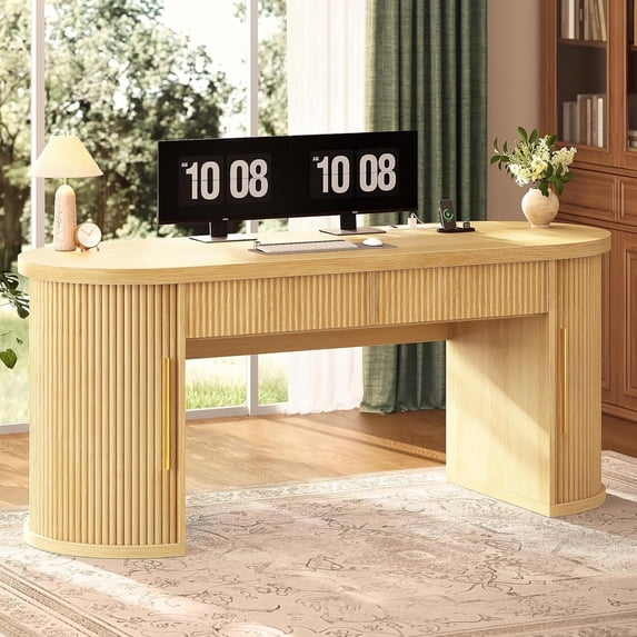 Modern Executive Desk with 2 Drawers, 58.3" x 21.7" Fluted Computer Desk with 2 Sliding Doors Storage, Home Office Desk