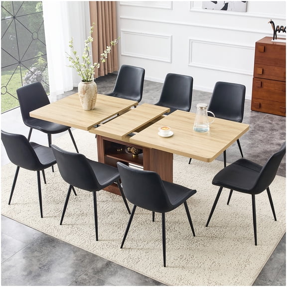 Modern Expandable Dining Table and Chair Set for 8, Black Faux Leather Chairs, Telescoping Table