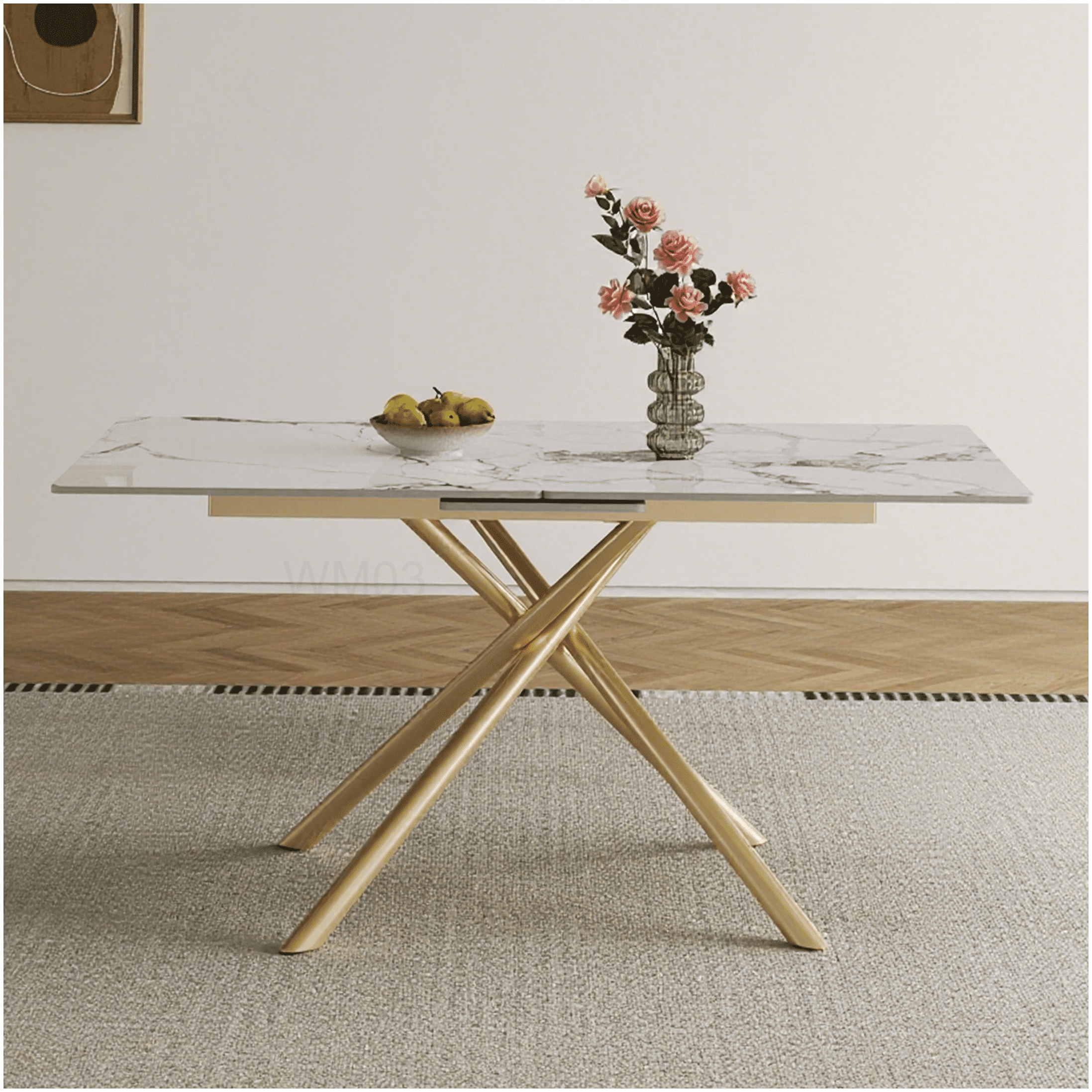 Modern Expandable Dining Table with Retractable Leaf, Gold X-Base and ...