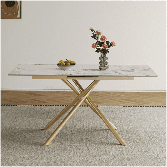 Modern Expandable Dining Table with Retractable Leaf, Gold X-Base and Sintered Stone Top for Small Spaces