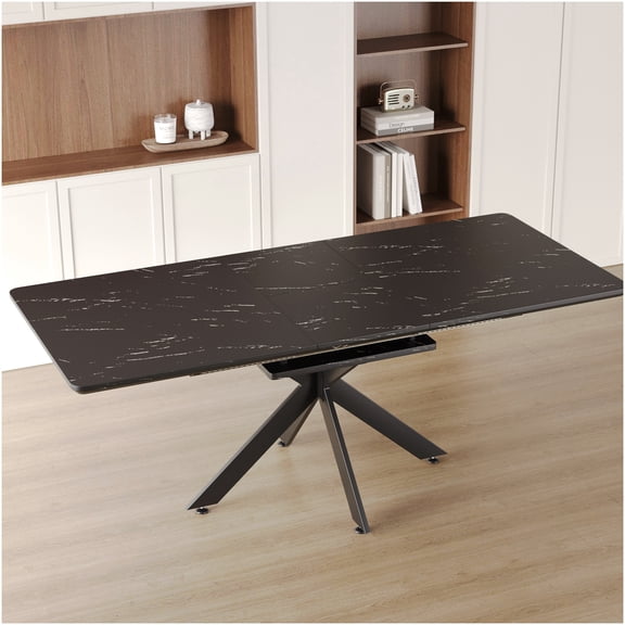 Modern Expandable Dining Table with X-Shape Metal Legs, Black MDF Top for Kitchen, Conference Room, and Party Use