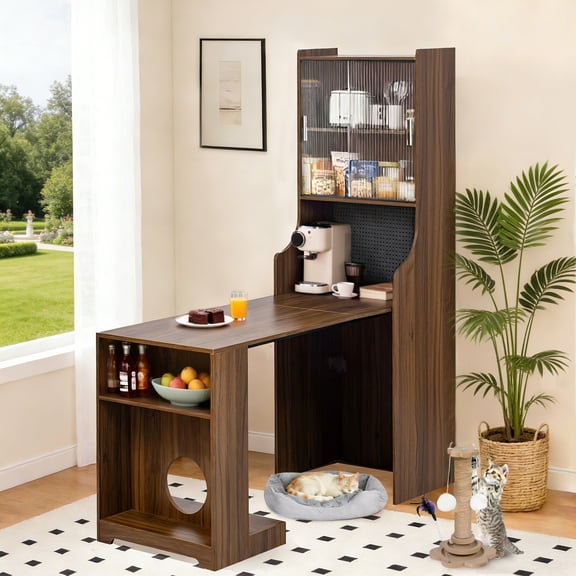 Modern Extendable Dining Table with Hutch & Storage, Home Office Pet-friendly Gaming Desk with Shelves, Space-Saving Workstation with Free Cat Bed & Scratching Post