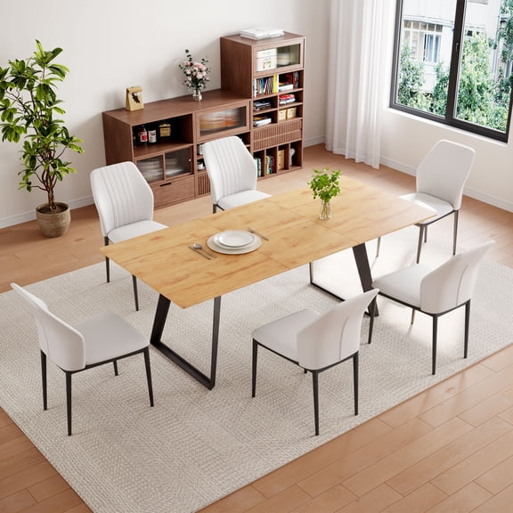 Modern Extendable Dining Table Set for 6, Kitchen Table with 6 Chairs, Space Saving Dining Room Furniture for Home, Apartment, Small Spaces