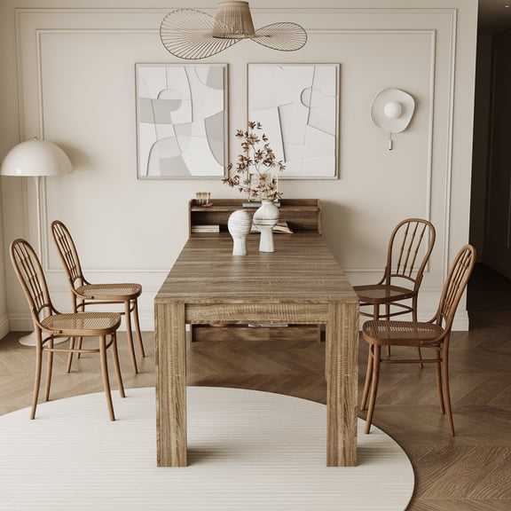Modern Extendable Dining Table with Storage, Barnwood Finish, 98" Large Dining Table with Built-in Storage Compartment, Space-Saving Sideboard for Kitchen, Dining Room, Apartment