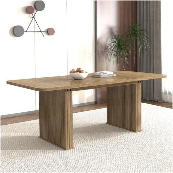 Modern Extendable Dining Table for 10 Seats, Beige Brown Wood Finish Double Pedestal Kitchen Table for Dining Room