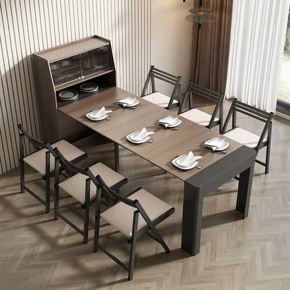 Modern Extendable Dining Table with Storage, Farmhouse Kitchen Table Rectangle Sideboard Glass Door (Walnut & Gray)