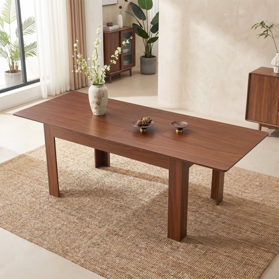 Modern Extendable Rectangular Dining Table with 2 Drop Leaves, for Kitchen, Dining Room, Walnut