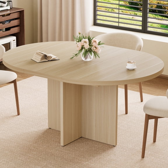 Modern Extendable Round Dining Table Seats 4-8 – Space-Saving Natural Wood, Removable Extension Leaf, Sturdy Cross Wood Base – Wood Color (48170-1)