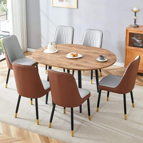 Modern Extendable Wood MDF Table & 6 PU Cushion Chair Set, Telescopic Design with Black Metal Legs