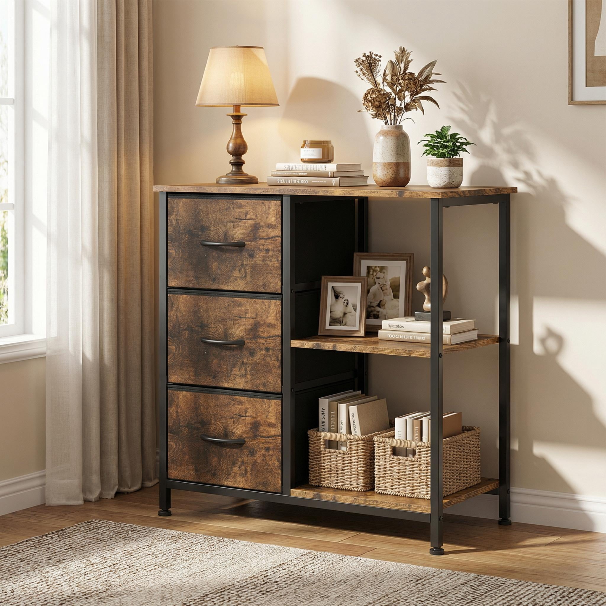 Modern Fabric 3 Drawer File Cabinet, Printer Stand with 2 Open Storage Shelves, Under Desk Home Office Organizer for Home Office Storage Solution