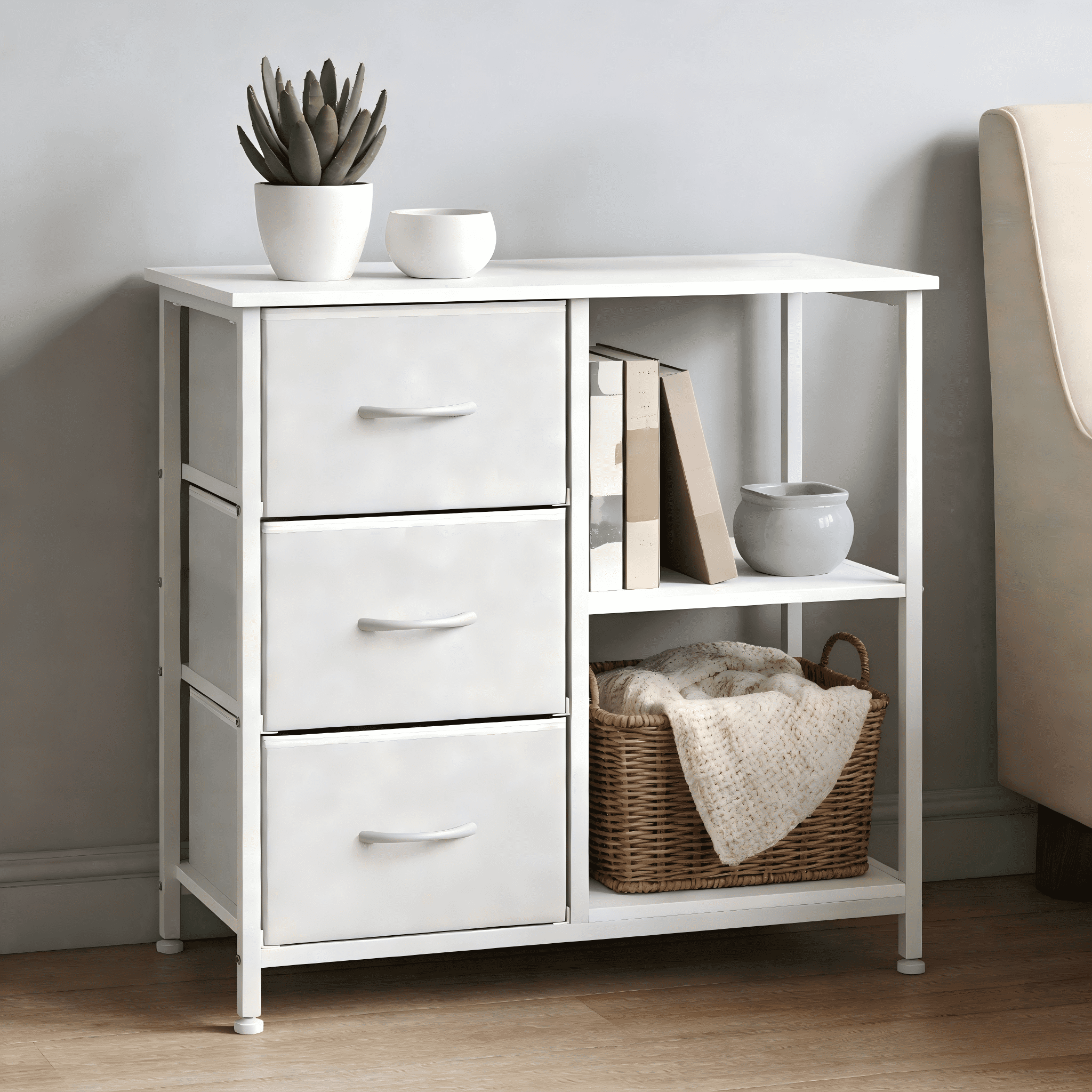 Modern Fabric 3 Drawer File Cabinet, Printer Stand with 2 Open Storage Shelves, Under Desk Home Office Organizer for Home Office Storage Solution