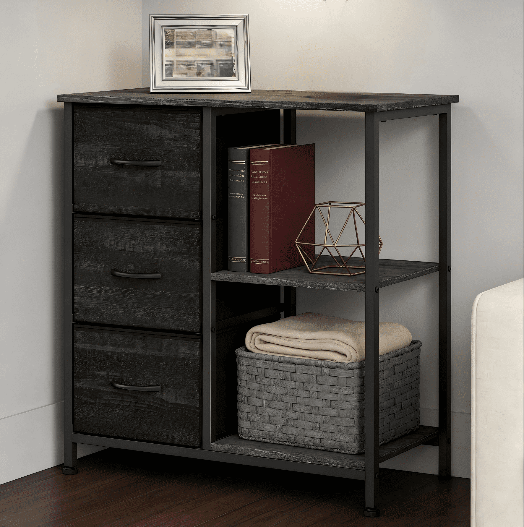 Modern Fabric 3 Drawer File Cabinet, Printer Stand with 2 Open Storage Shelves, Under Desk Home Office Organizer for Home Office Storage Solution