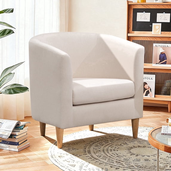 Modern Barrel Accent Chair, Upholstered Fabric Armchair with Thick Cushion and Wood Legs, Cozy Reading Chair for Living Room Bedroom Small Spaces (1PC, Off-White)