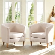 Modern Barrel Accent Chair Set of 2, Upholstered Fabric Armchair with Thick Cushion and Wood Legs, Cozy Reading Chair fo