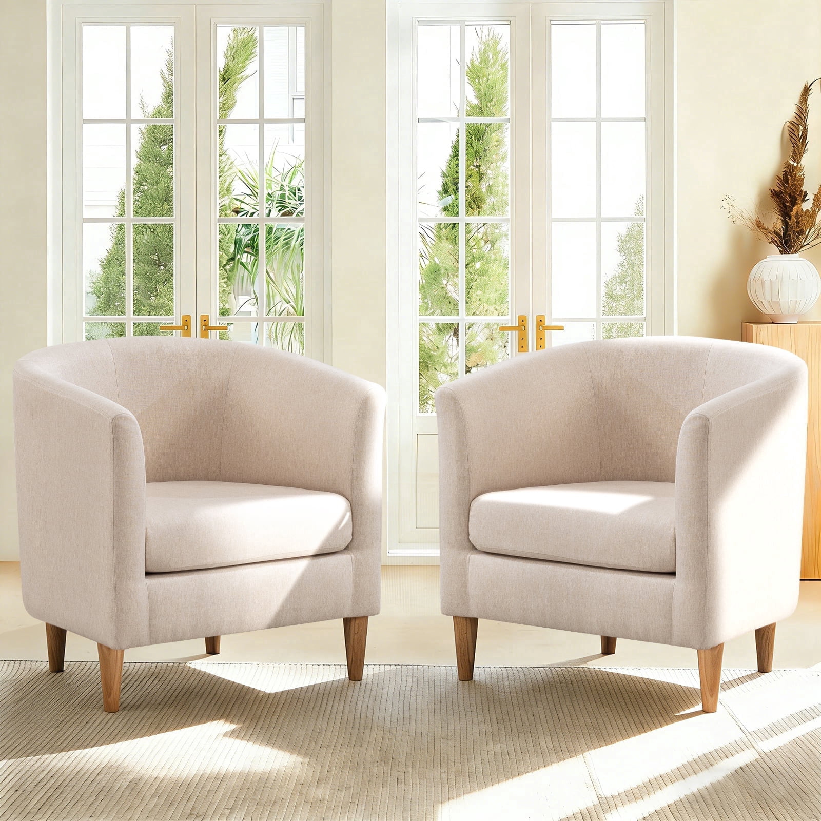 Modern Fabric Armchairs Half Rounded Backrest Accent Chair Cozy Upholstered Barrel Sofa Chair For Living Room Bedroom Waiting Room 2PCS Beige: What to Expect