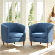 Modern Barrel Accent Chair Set of 2, Upholstered Fabric Armchair with Thick Cushion and Wood Legs, Cozy Reading Chair for Living Room Bedroom Small Spaces (Blue