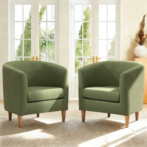 Modern Barrel Accent Chair Set of 2, Upholstered Fabric Armchair with Thick Cushion and Wood Legs, Cozy Reading Chair for Living Room Bedroom Small Spaces (Green)