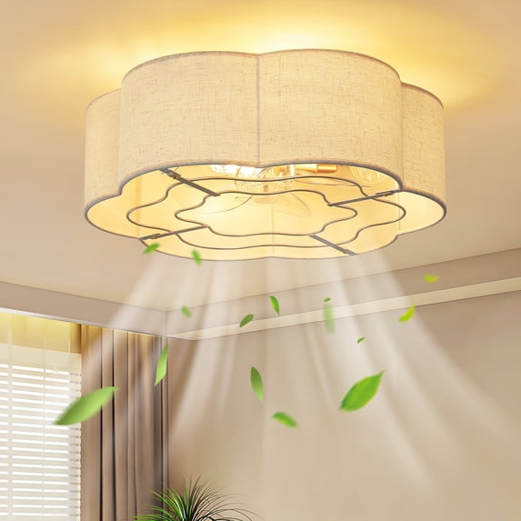Modern Fabric Caged Ceiling Fan with Lights, Flush Mount 20" Boho Ceiling Fans with Lights Remote Control with 6 Speeds for Bedroom, Nursery, Kitchen