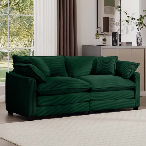 Modern Fabric Living Room Sofa 2 Seater Sofa with 4 Pillows, Upholstered Large and Deep Seating 2-Seat Loveseat Sofa, Corduroy (Green)