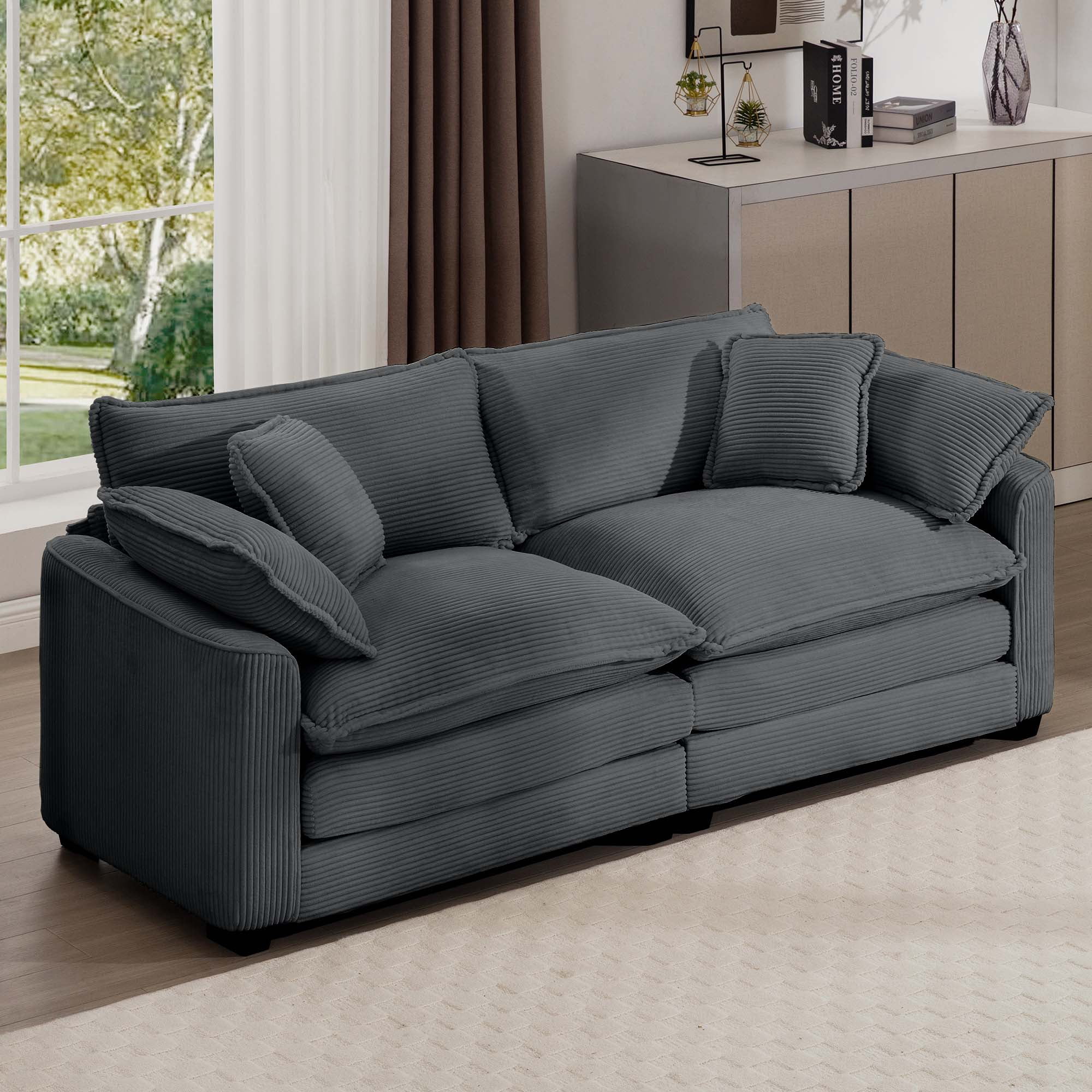 Modern Fabric Living Room Sofa with 4 Pillows Upholstered Large Deep ...