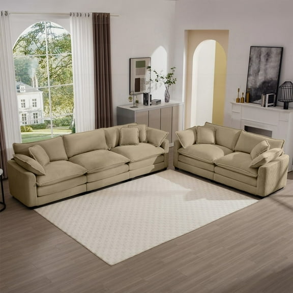 Modern Fabric Living Room Sofa Set - Tan Corduroy, 2-Seater, Cloud-Like Comfort