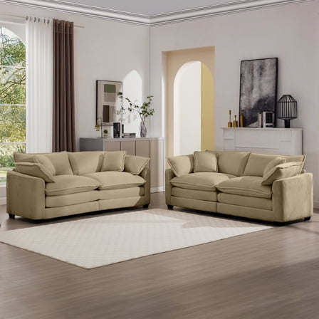 Modern Fabric Living Room Sofa Two Pieces Set, Two 2-Seater Sofas with 8 Cushions, Upholstery Large Deep Seat Sofa Set, Corduroy Fabric (Tan)