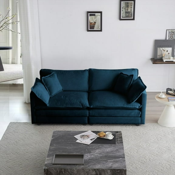 Modern Fabric 2-Seat Loveseat Sofa with 4 Pillows, Blue Chenille (220×80×75cm)