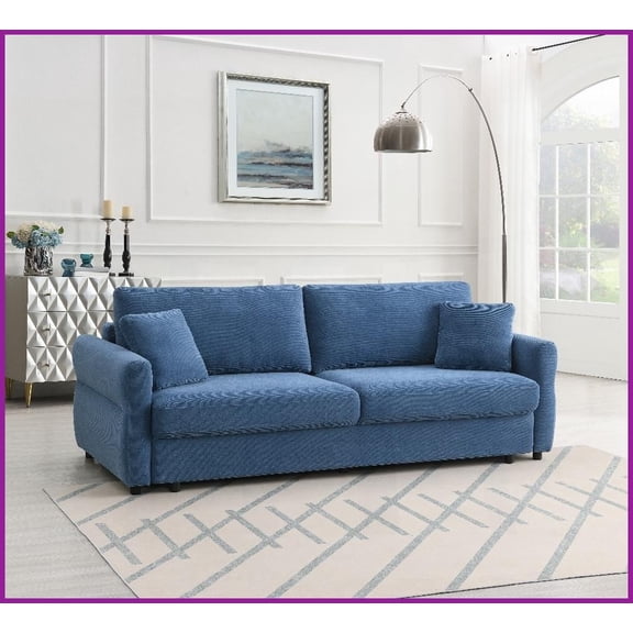 Modern Fabric Pull-Out Sleeper Sofa with Storage  Queen-Sized Bed, Blue/Beige for Living Rooms