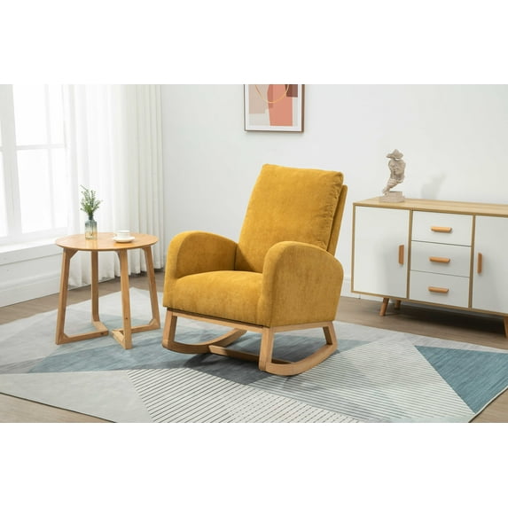 Modern Fabric Rocking Chair with Padded Seat, Solid Wood Frame Rocking Chair with Armrest and Side Storage Pocket, Suitable for Bedroom, Living Room and Lounge Room, Musterd Yellow