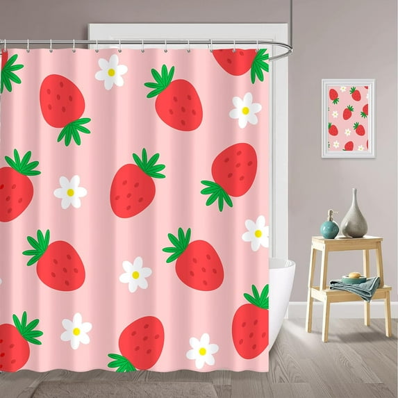 Modern Fabric Shower Curtain,Cute Pink Strawberry&Flower Decor Waterproof,Quick-Drying Shower Stall Curtain with 12 Hooks,Durable and Machine Washable Bathroom Shower Curtain 72" X 72