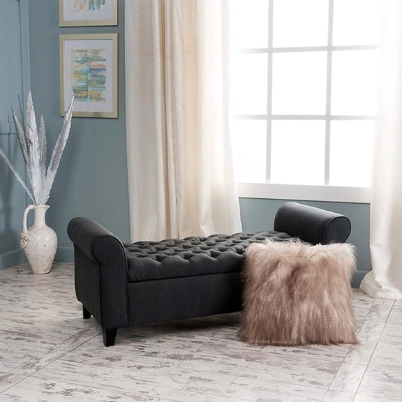 Modern Fabric Storage Bench With Button Alluring Lid And Rolled Arms, 19.5" D Versatile Dark Gray Grandeur Arms