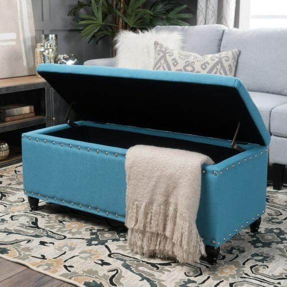 Modern Fabric Storage Ottoman, Folding Ottoman Storage Bench, 18.25"D x 42.00"W x 18.25"H, Teal, for Bedroom