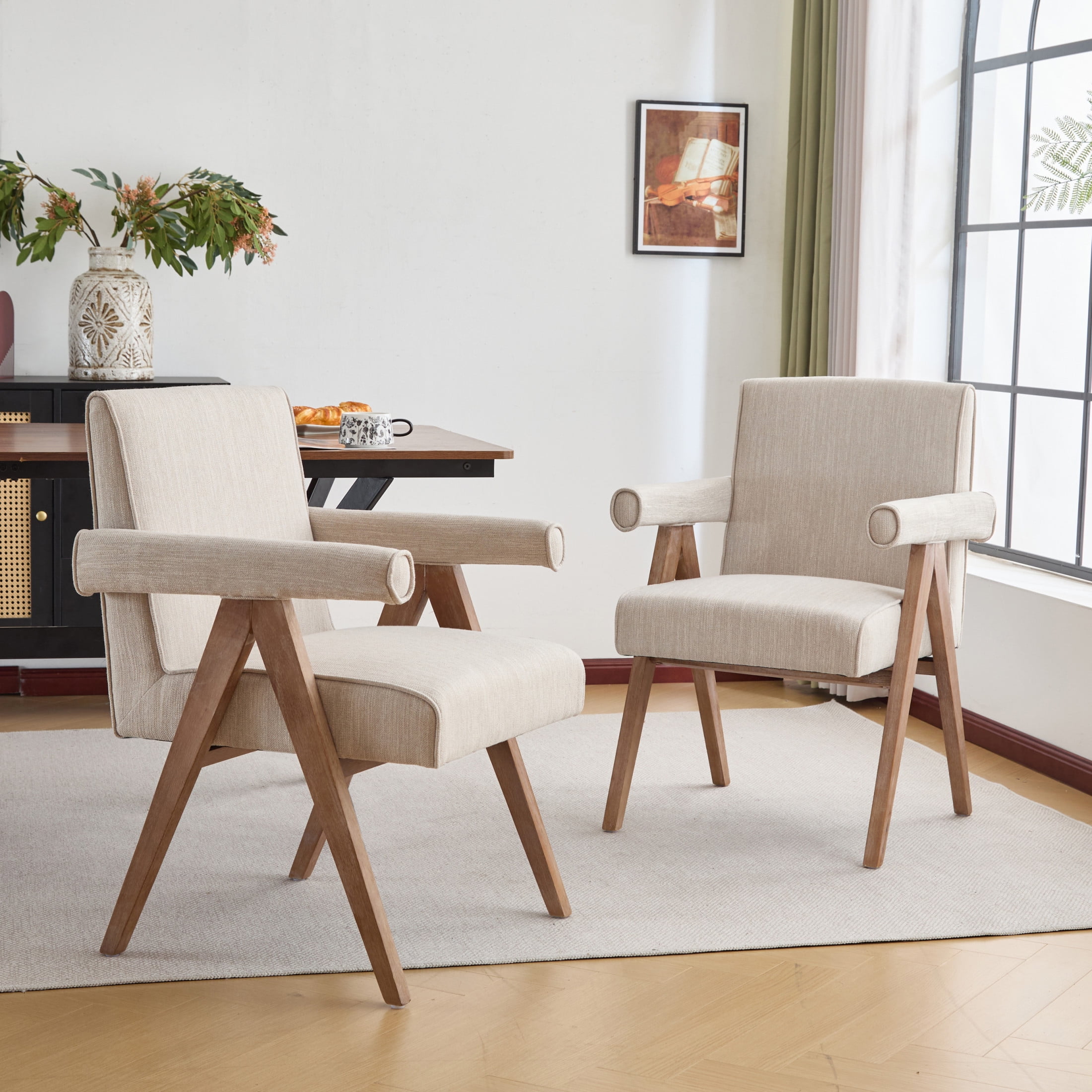 Modern Fabric Upholstered Dining Chair, Rubberwood Frame, Beige, Set of 2