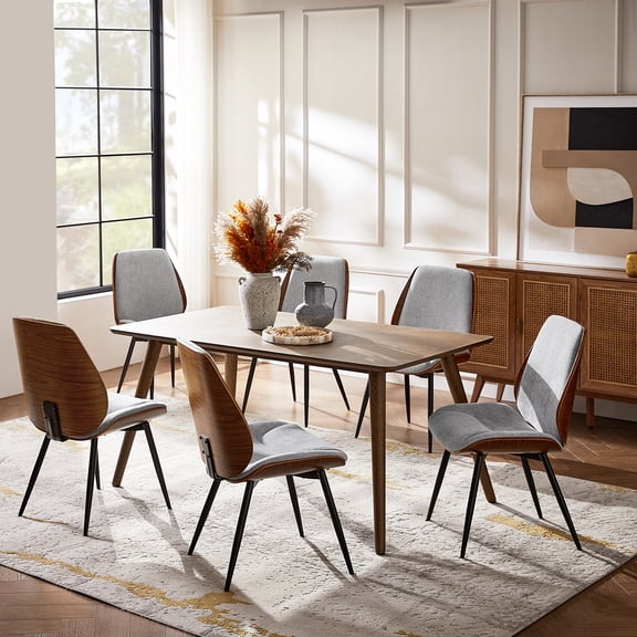 Modern Fabric Upholstered Dining Chairs Set of 6 with Curved Wood Backrest for Kitchen Dining Living Room Gray