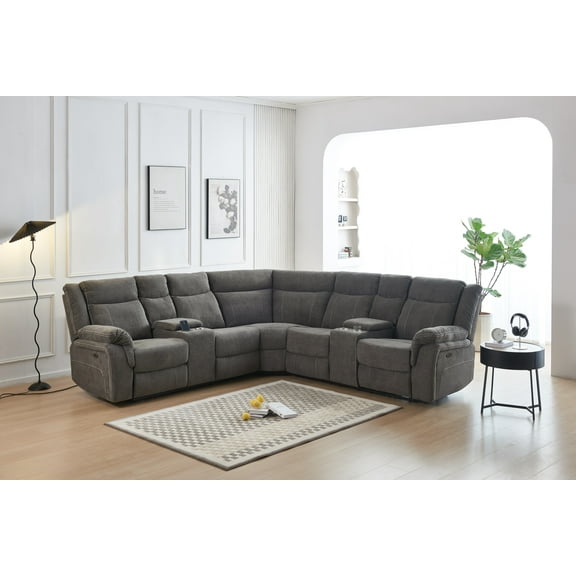 Modern Fabric Upholstered Power Reclining Sectional Couch with 2 Power Recliners, 2 Storage Consoles, 4 Cup Holders, USB Charging Ports, Gray Frabic