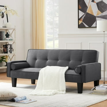 Modern Fabric Upholstered Sofa with Pillows, Button Tufted  Small Couch with Four Feet, Medieval Love Seat Sofa Furniture for Living Room, Bedroom, Apartment, Dark Grey