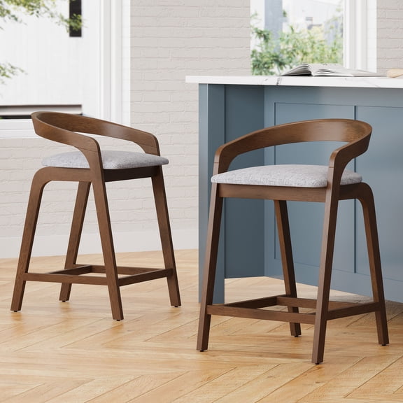 Modern Fabric Upholstery Counter Stools with Ergonomic Backrest and Solid Wood Frame, Light Grey, Set of 2