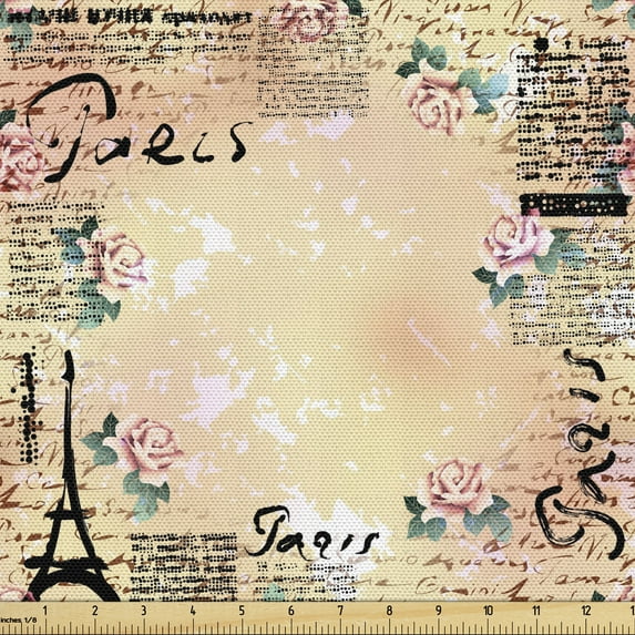 Ambesonne Pale Pink Fabric by the Yard Upholstery, French Lettering, 3 Yards, Blue Black and Pale Pink